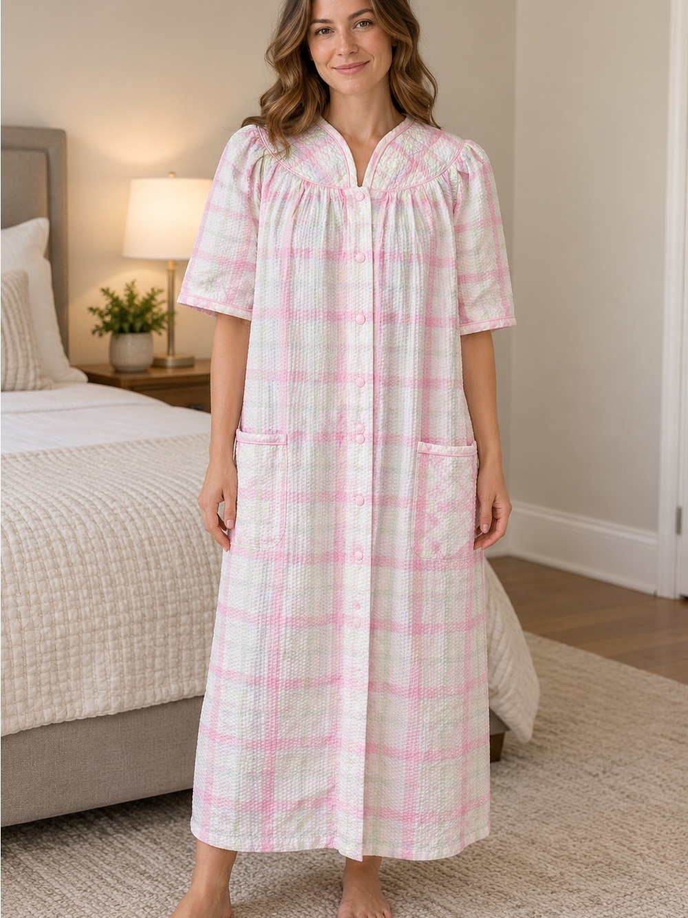 Secret Treasures Pastel Plaid Snap-Front Housecoat with Pockets